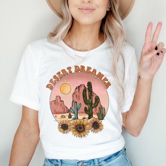 Desert Dreamer Floral Graphic T-shirt Boho Western Unisex Cotton Short Sleeve - Picture 2 of 4